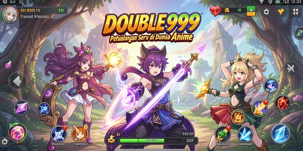 Screenshot gameplay DOUBLE999 menampilkan pertempuran seru di dunia anime.