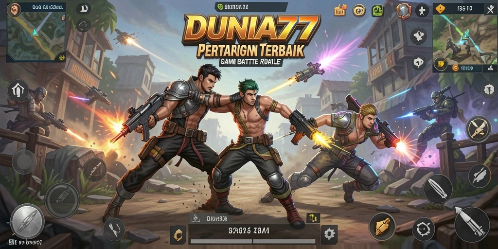 Screenshot utama DUNIA77 menampilkan aksi intens Battle Royale.