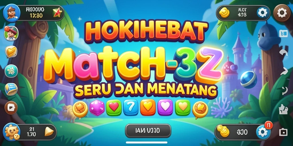 Screenshot dari gameplay HOKIHEBAT yang menunjukkan pencocokan permata Match-3.