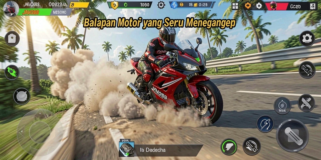 Screenshot gameplay JAVO88 dengan aksi balapan motor yang mendebarkan.