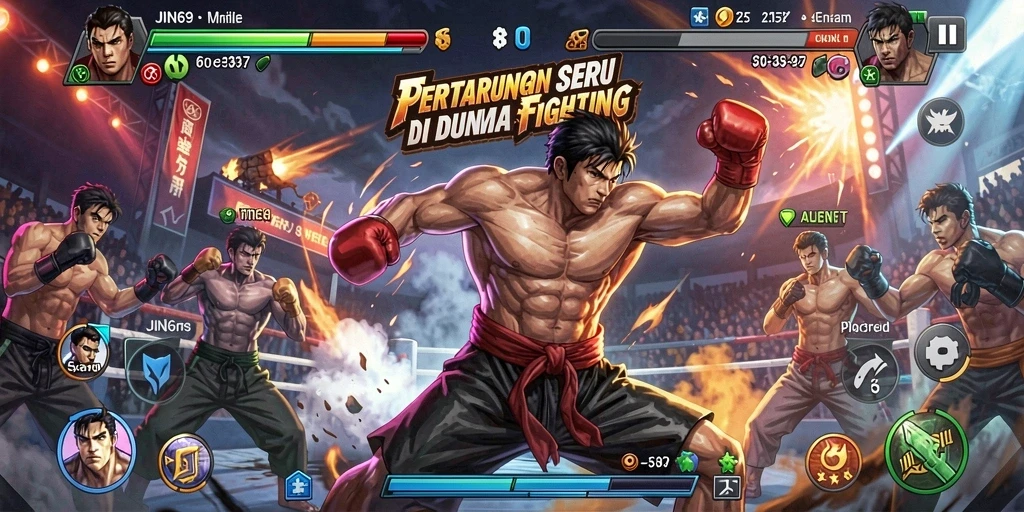 Tampilan gameplay JIN69 yang menegangkan dengan karakter bertarung.