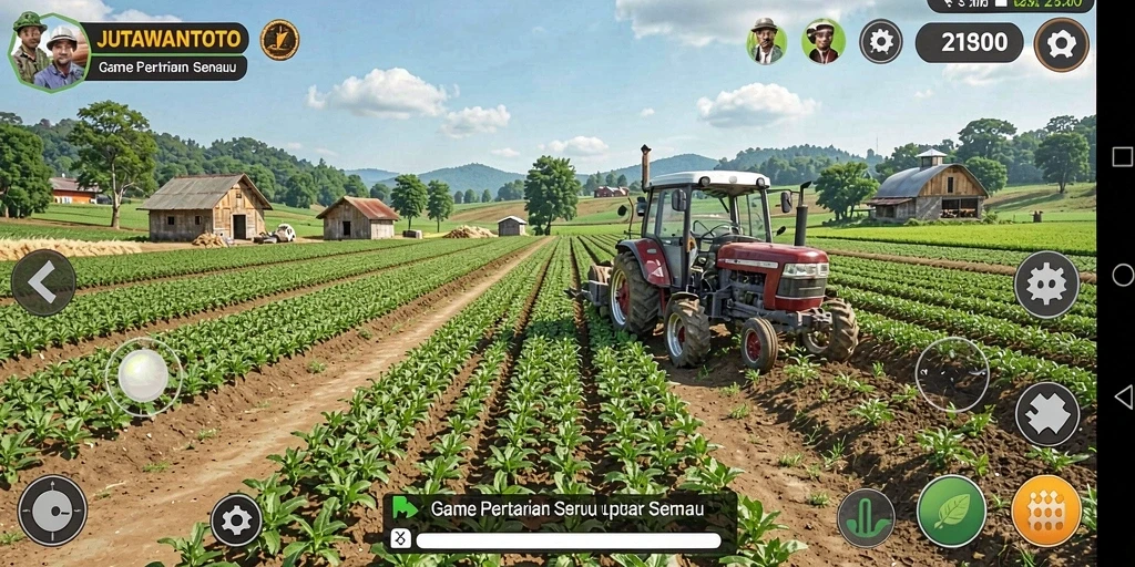 Screenshot menunjukkan petani mengelola ladang hijau yang subur.
