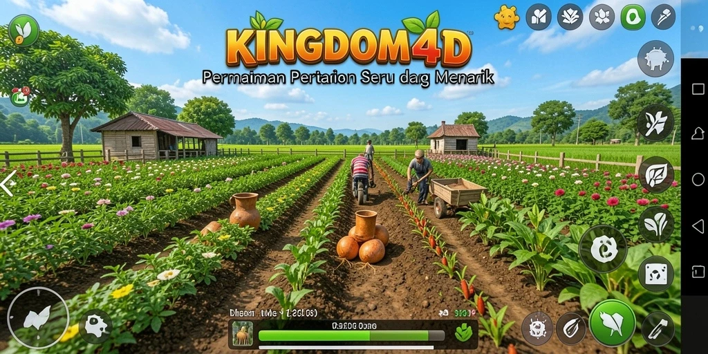 Screenshot KINGDOM4D menampilkan ladang yang hijau dan aktivitas bercocok tanam yang menarik.