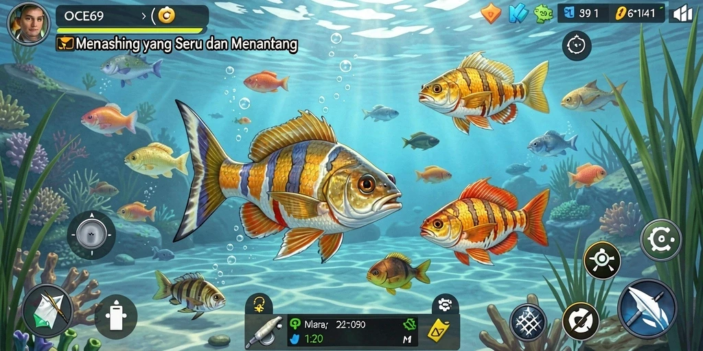 Screenshot OCE69 menampilkan aksi seru memancing di laut yang indah.