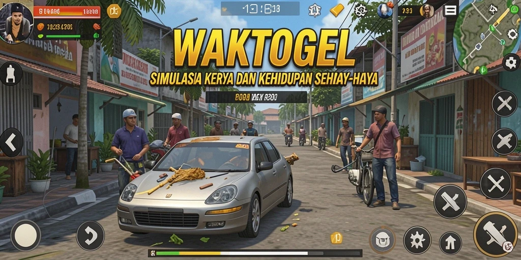 Screenshot utama WAKTOGEL menampilkan karakter dalam simulasi kehidupan sehari-hari.